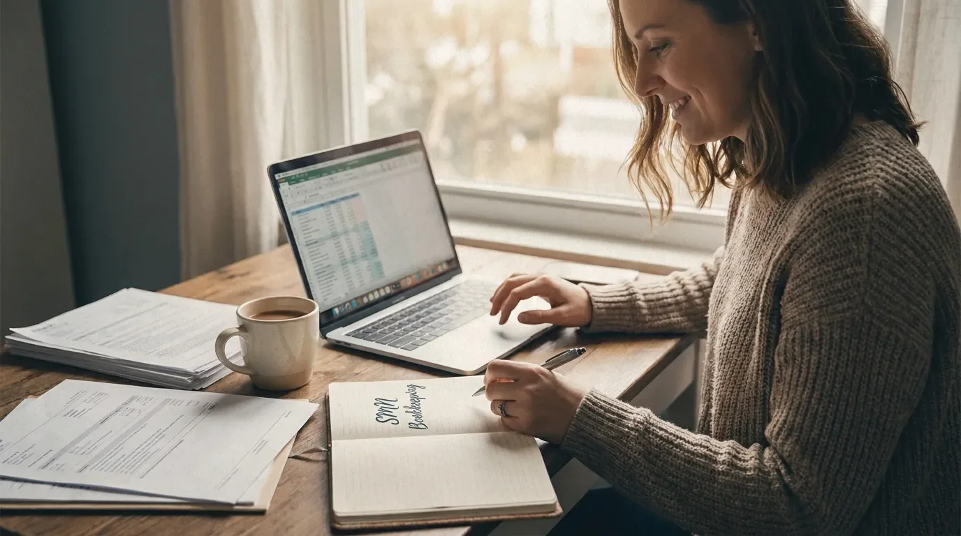Small business owner working calmly at a sunlit desk with laptop and notebook