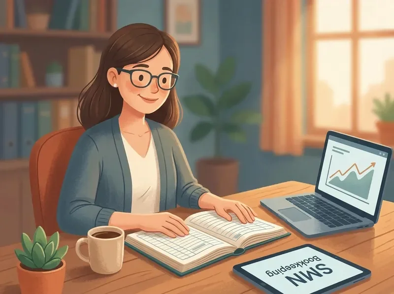 Supportive bookkeeping advisor at a warm, calm desk